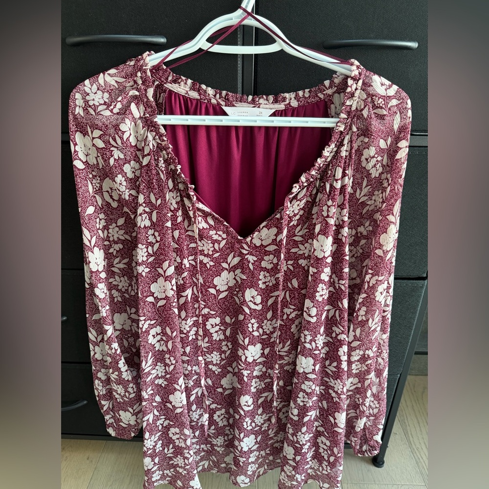 LC Lauren Conrad Floral Blouse - Burgundy and White